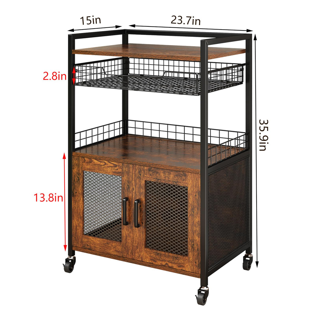 Coffee Bar Cabinet, 3 Tier Coffee Station Table on Wheels, 35.9" H Bar Cart with Wire Basket Drawer & 5 Hooks