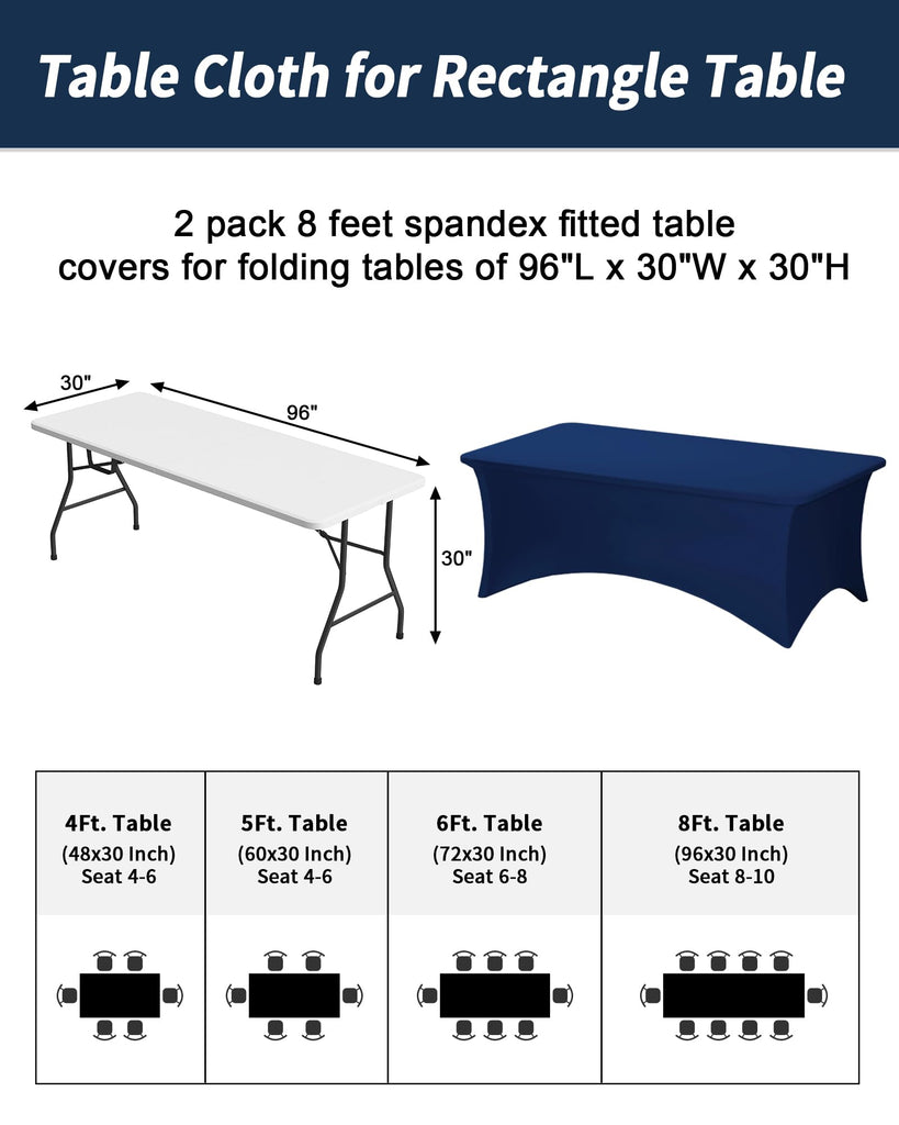 2 Pack 8FT Navy Blue Tablecloth Rectangle Spandex Table Cover