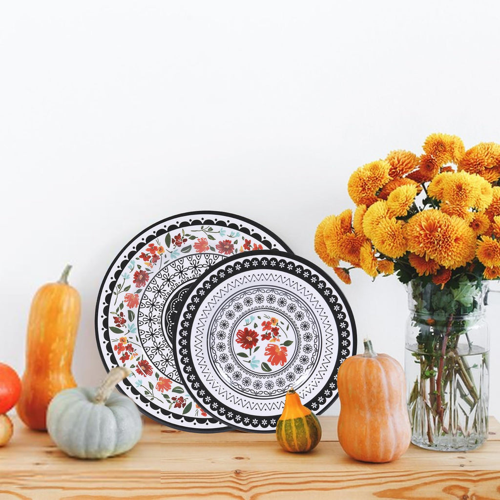 12-Piece Melamine Dinnerware Sets, Unbreakable Black white Plates and Bowls