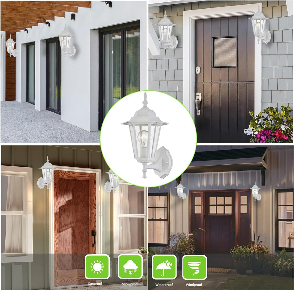 2 Pack Outdoor Wall Light, White Wall Sconce Porch Lighting Fixture, E26 Base 60W Max, Metal Housing Plus Glass, Wet