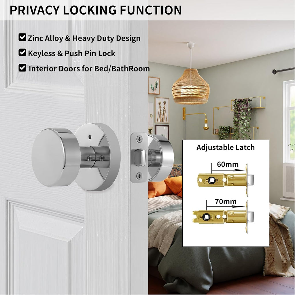 Polished Chrome Door Knobs Interior, Polished Chrome Privacy Door Knob with Lock, Heavy Duty Round Modern Door Handle