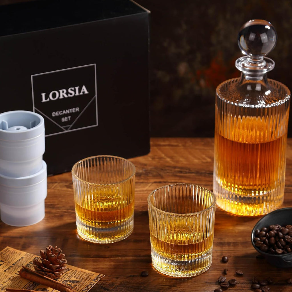 Whiskey Decanter Set with Gift Box - Includes 2 Crystal Bourbon Glasses and 2 Big Ice Ball Molds - Whiskey Glasses