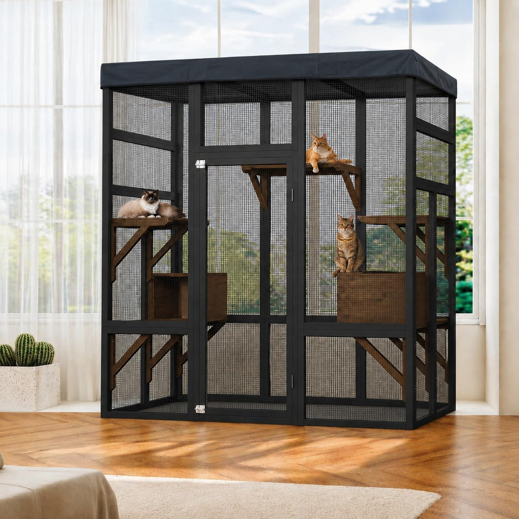 70" Outdoor Catio Cat Enclosure, Large Cat House, Wooden 5-Platform