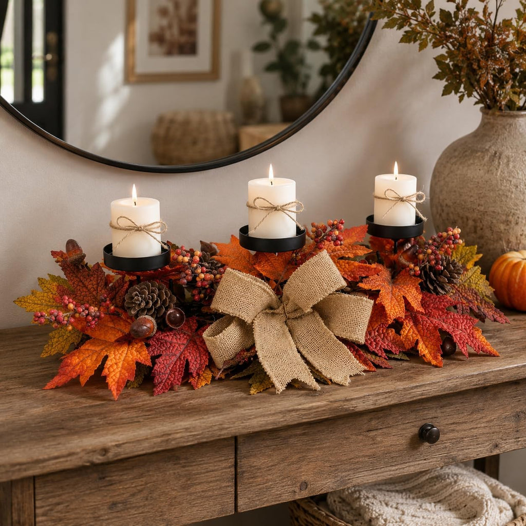 Fall Candle Holder Centerpiece with Maple Leaves, Pinecones, Berries & Burlap Bow,Thanksgiving Table Centerpiece