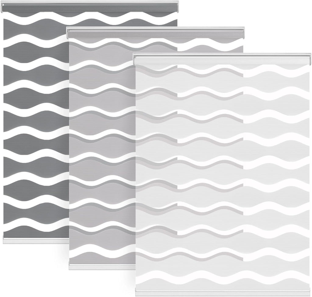 No Drill Cordless Zebra Blinds, 35" W x 48" H, Stone Grey | Dual Layer Light Control Roller Shades, Light Filtering