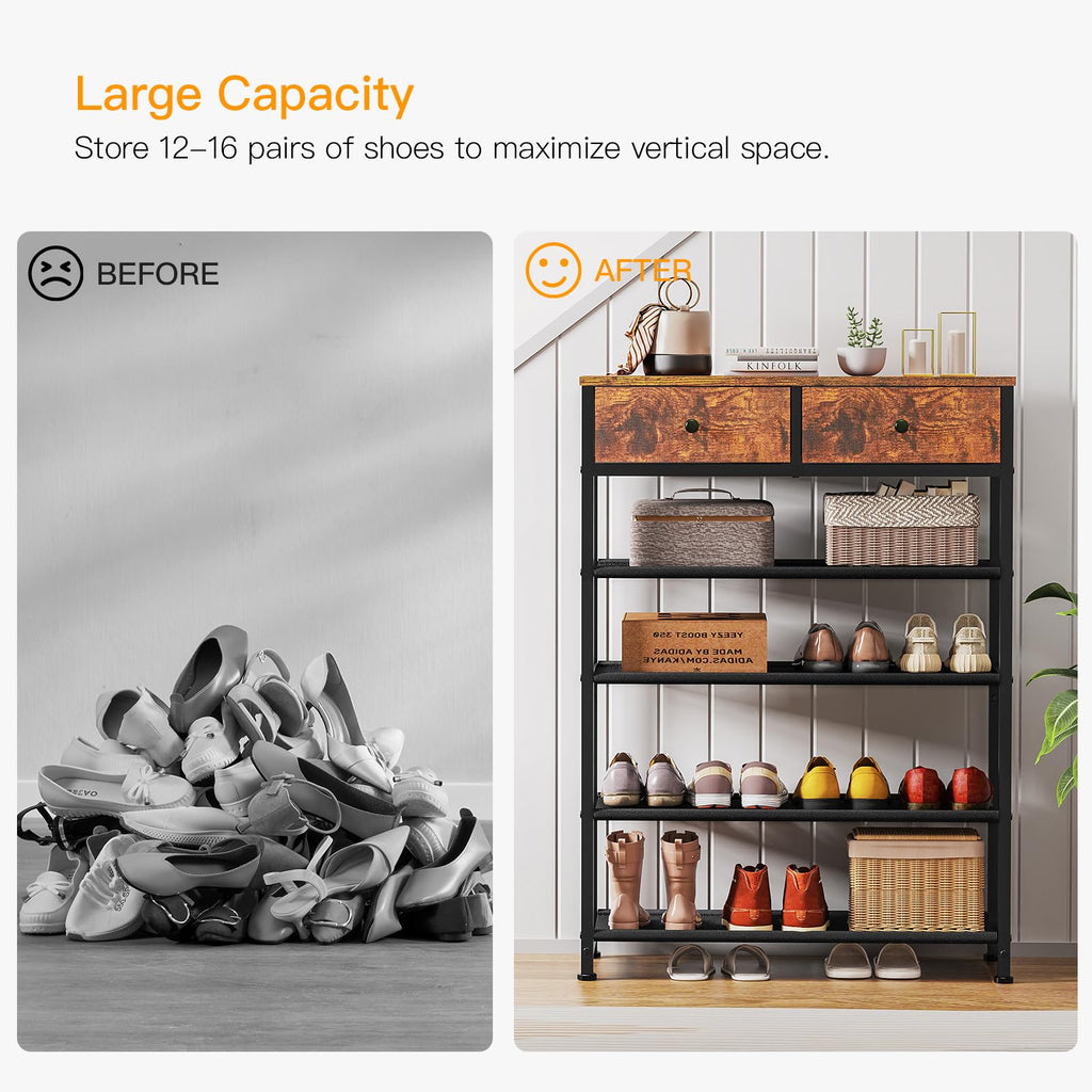 Shoe Rack, 5 Tier Shoe Storage Organizer with 2 Drawers, Metal Shoe Shelf for 12-16 Pairs of Shoes, with 4 Oxford