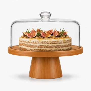 Cake Stand with Glass Lid, 11" Magnetic Bamboo Base for Parties & Kitchen