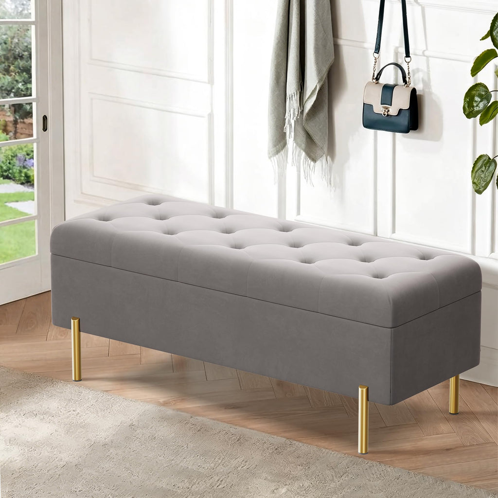 Ottoman Bench with Storage, Upholstered Tufted Velvet Storage Bench Living Room Long Ottoman Grey