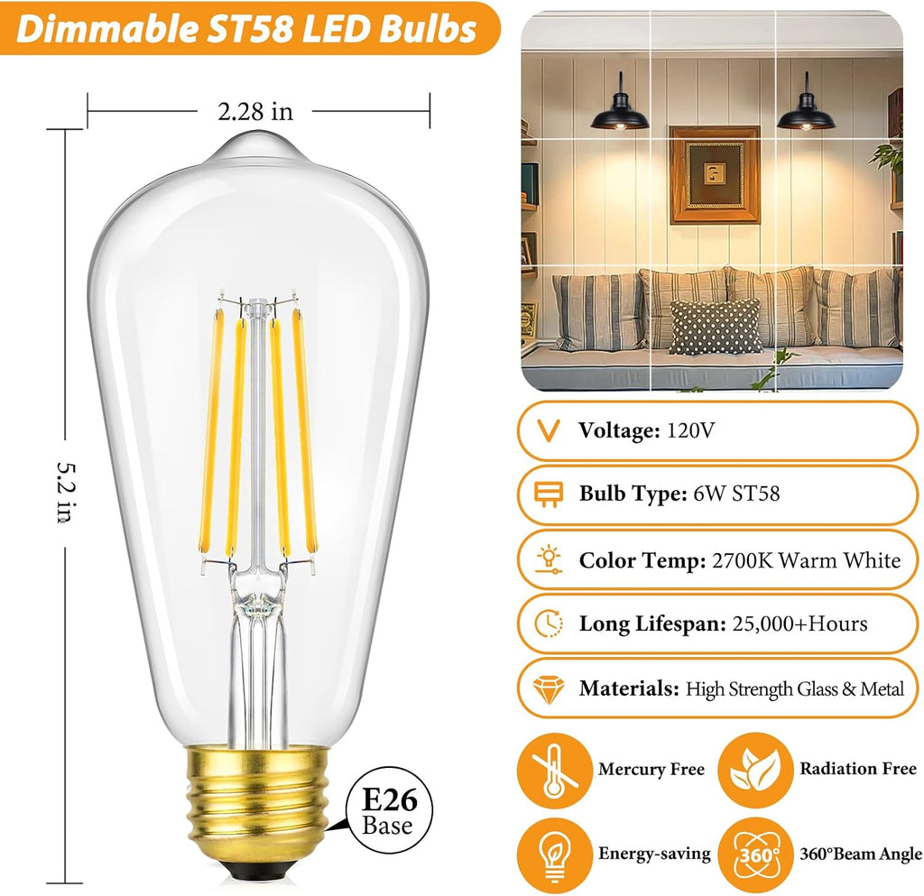 Dimmable Vintage LED Edison Bulbs 60W Equivalent, 6-Pack 6W 800LM Bright ST58 2700K Warm White Antique LED Filament