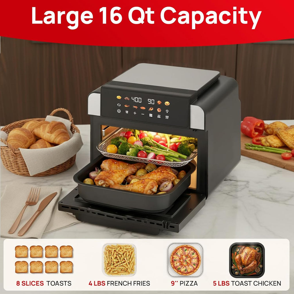 16 Qt Air Fryer Toaster Oven Combo with Ceramic Coating and Viewing Window, XL 9-In-1 Convection Oven, Top 1700W