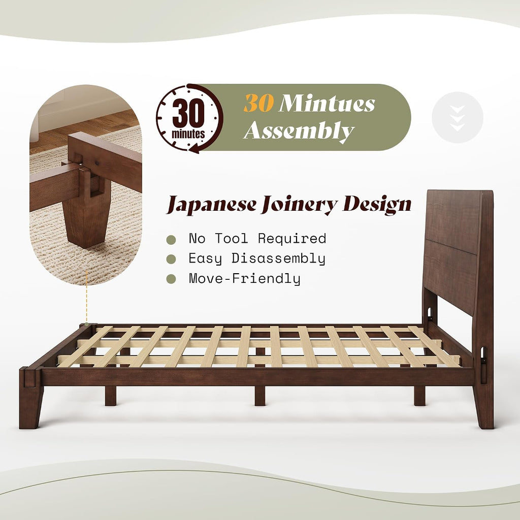 Solid Wood King Bed Frame with Headboard, Japanese Joinery, Walnut
