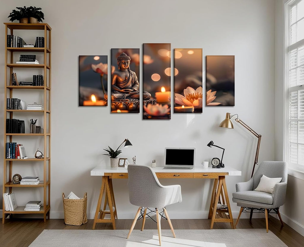 Buddha Canvas Wall Art 5 Piece Zen Wall Decor Pink Lotus Prints Meditation Picture for Yoga Spa Spiritual Room Home - Set of 5