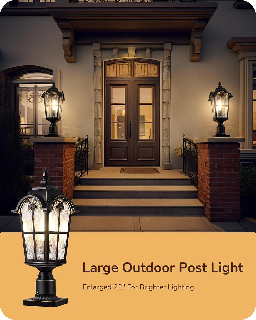 Large Size Dusk to Dawn Outdoor Post Light, 21.9'' H 120V Pole Light Fixture with Pier Mount Base