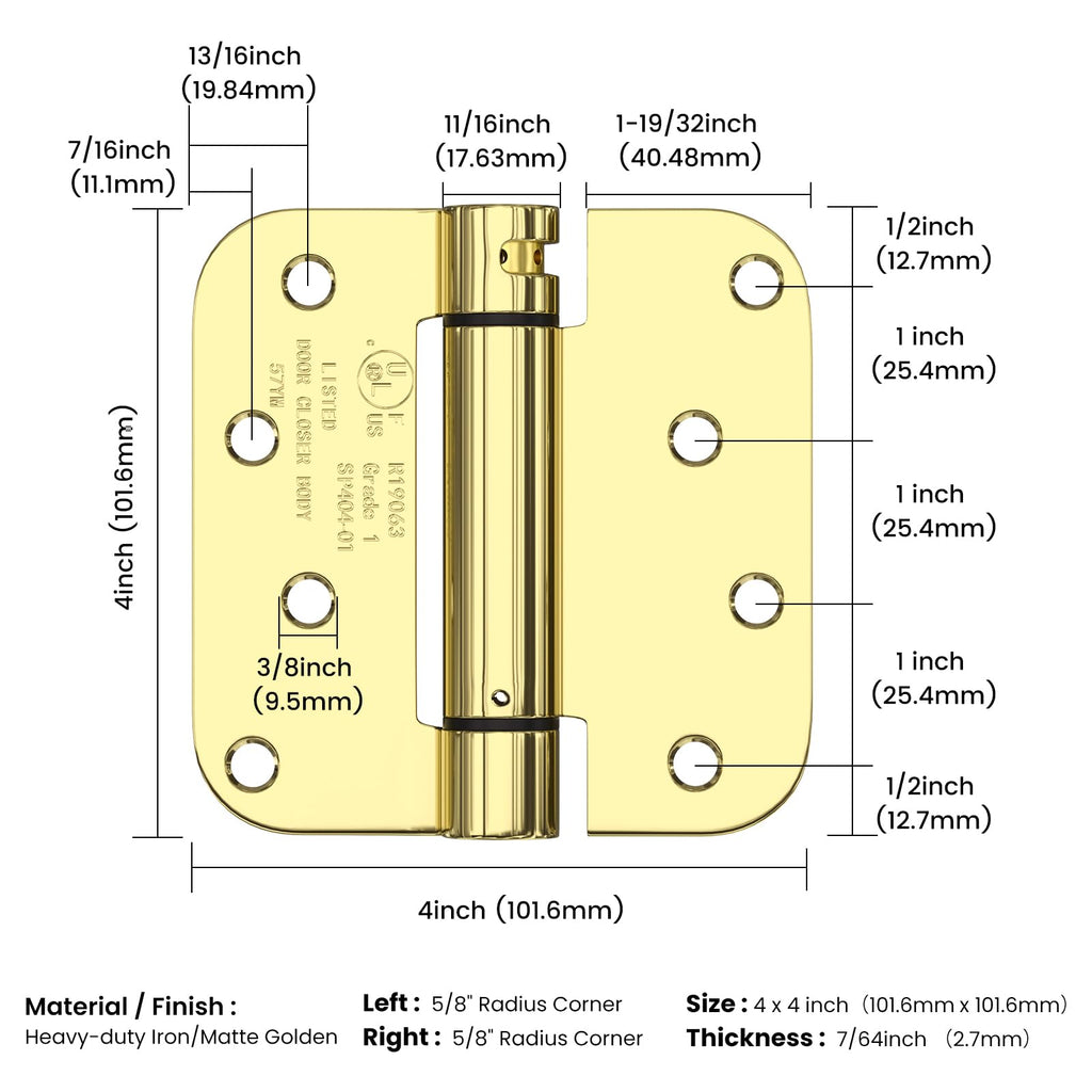3 Pack Self Closing Door Hinges 4 Inch Brass 5/8" Radius Corners