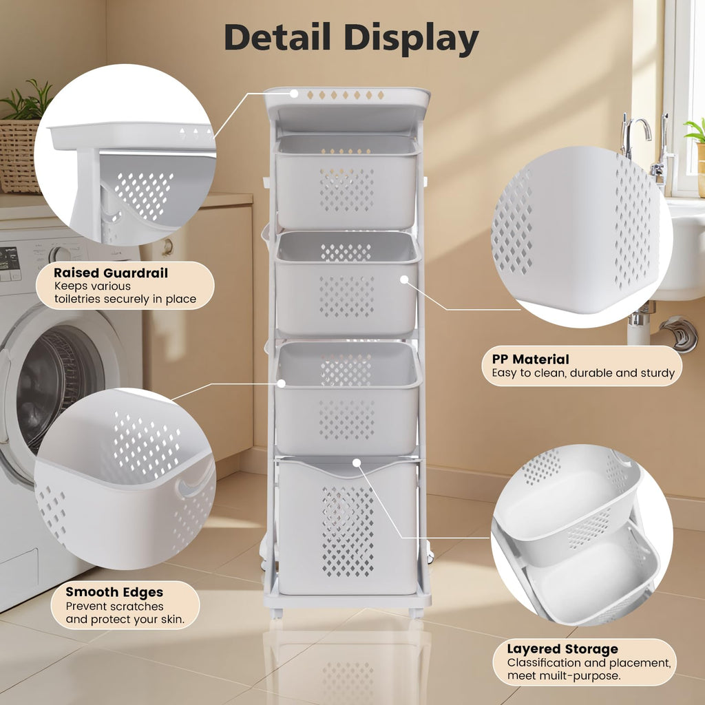 4-Tier Laundry Hamper Sorter, Vertical Laundry Baskets with Wheel