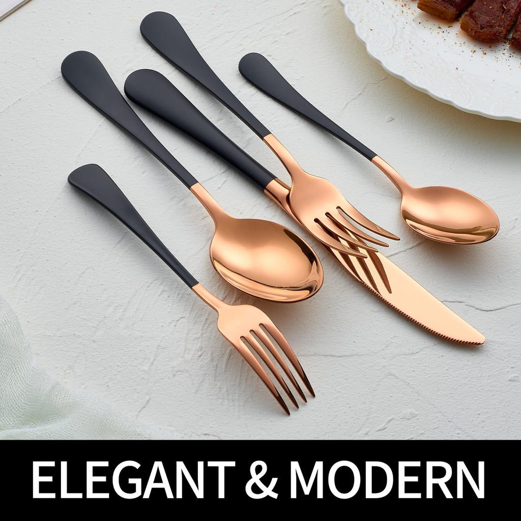 Rose Gold and Black Silverware Sets for 4,Black Handle Stainless Steel Cutlery Set, Include Forks Spoons