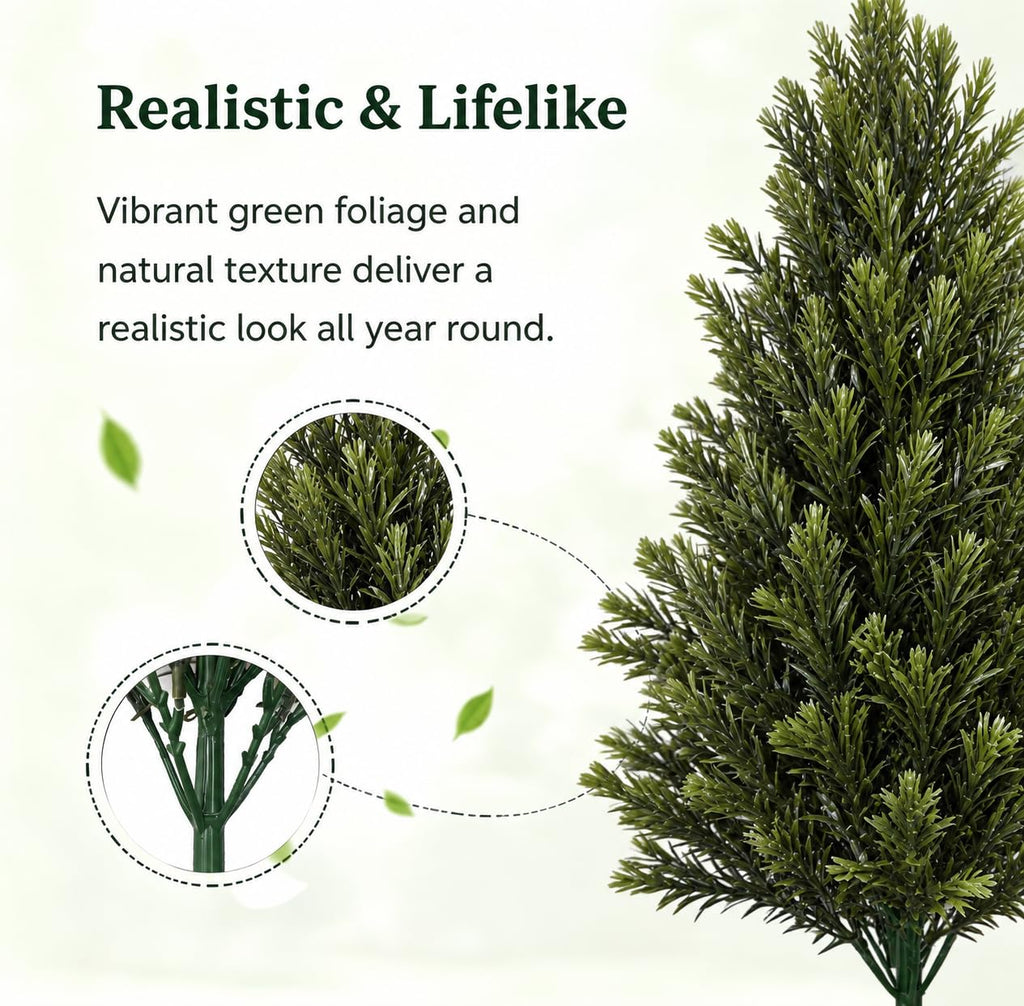 4 Pack Artificial Cedar Topiary Trees Plants Outdoor, 20" Faux Evergreen Pine Shrubs & Fake Bushes with Spikes, UV