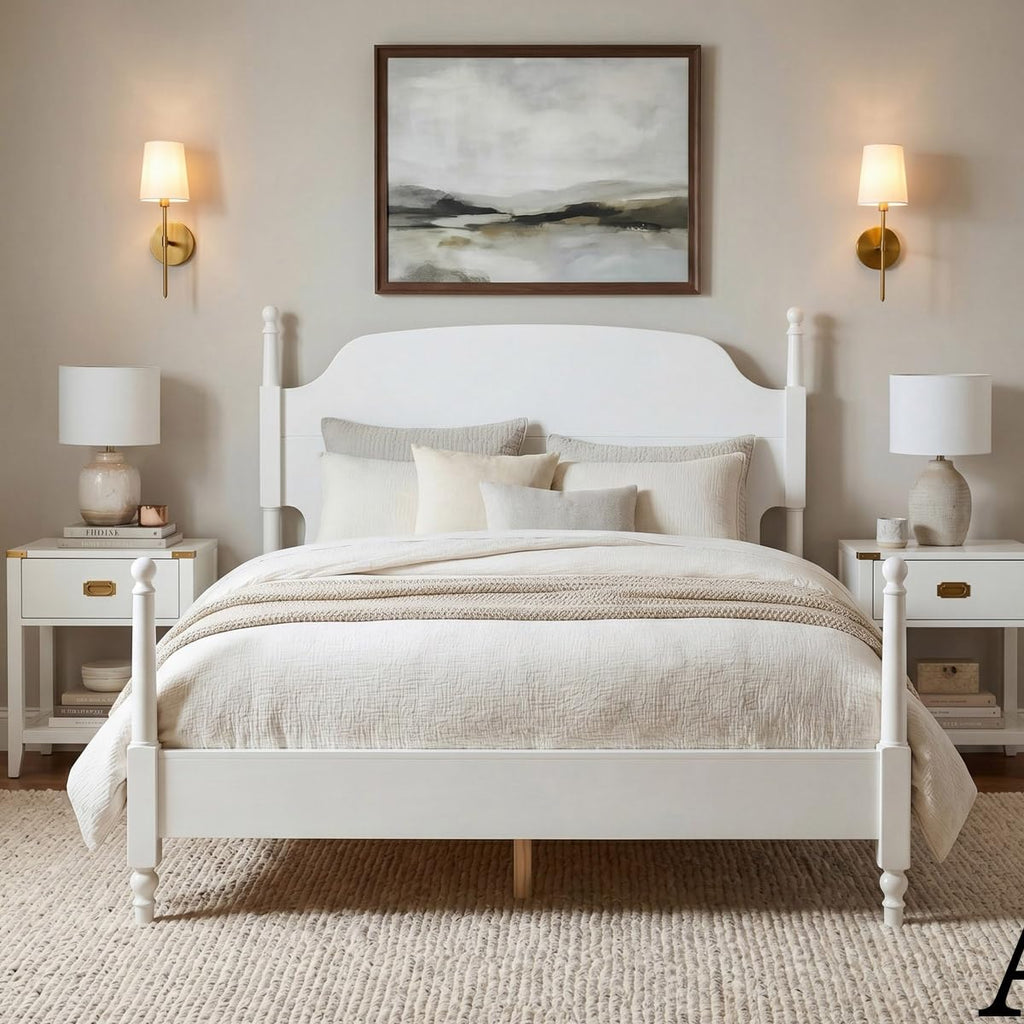 White Four Poster Spindle Bed Frame with Arched Headboard