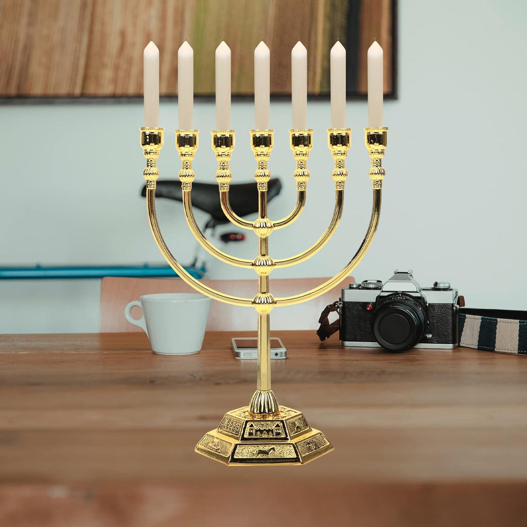 Israel 7-Branch Candle Holder - Golden Metal Candelabrum for Hanukkah, Jewish Decor, and Gifts - 6.68 X 5.31 X 2.55