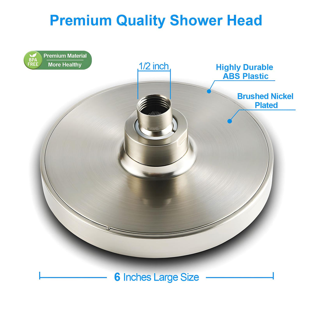 6" High Pressure Rain Shower Head, Luxury Brushed Nickel Finish