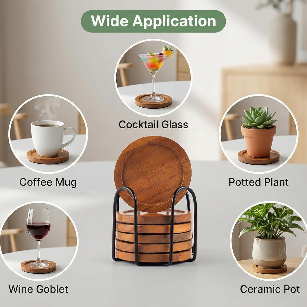 Acacia Wood Round Coasters with Holder - Absorbent Drink Coasters for Coffee & Dining Tables, Farmhouse Home - Set of 6