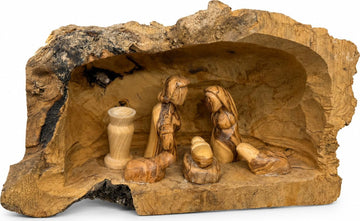 Olive Wood Rustic Nativity Set, Hand Carved Bark Log Cave with Holy Family from Bethlehem, 6.3 Inch Tall, Natural