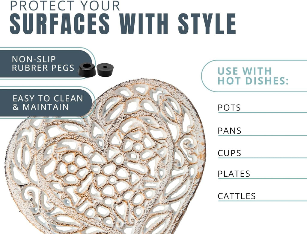 Rustic White Cast Iron Heart Trivet - 6.75"x6.5" - Hot Pot Pad