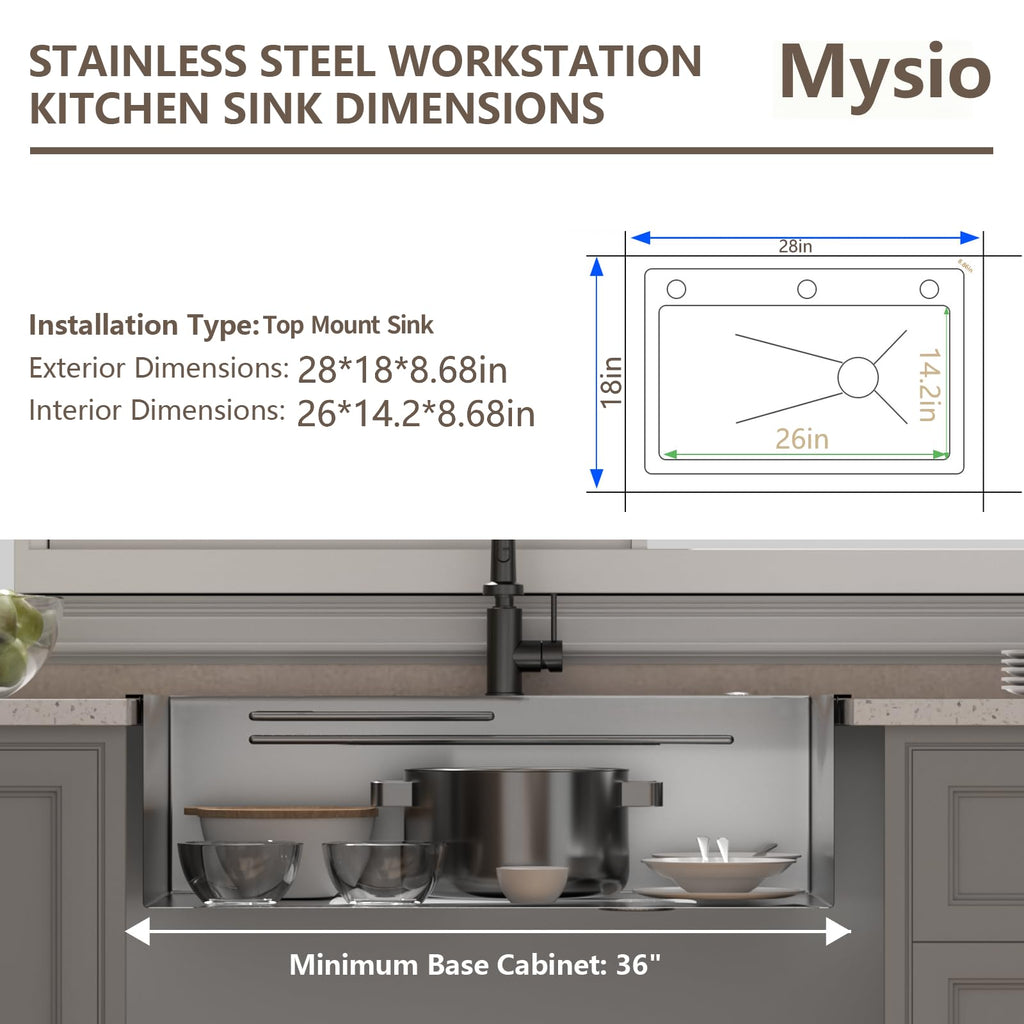 28in Stainless Steel : Black Single Bowl Drop In Workstation