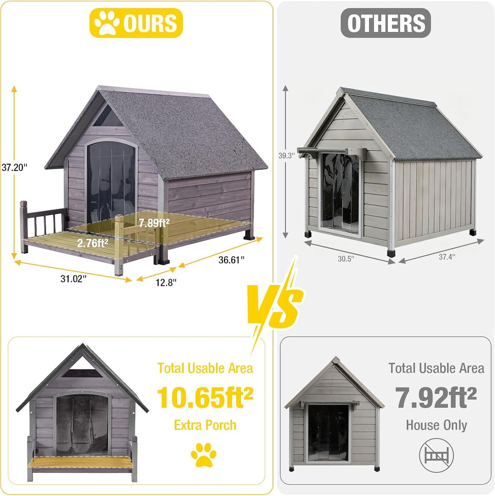 49.41" Large Dog House Outdoor with Porch for Small to Large Dogs, Grey
