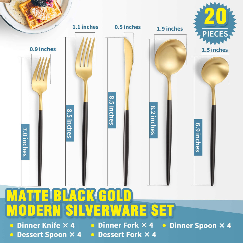 Matte Black Gold Silverware Set for 4,Modern Stainless Steel Brushed Cutlery Set,20-Pieces Heavy Duty Flatware