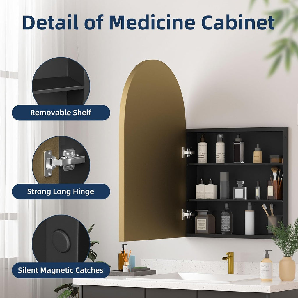Medicine Cabinets , Gold Arched Medicine Cabinet Recessed or Surface Wall-Mounted,Modern Bathroom Vanity Mirror with