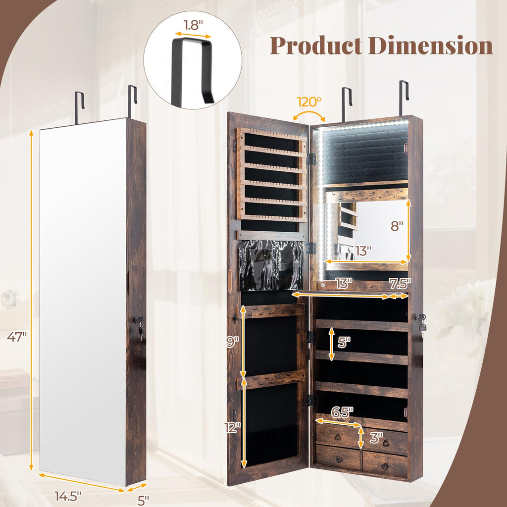 LED Mirror Jewelry Cabinet, Full Length Mirror with Jewelry Storage, Lockable Hanging Jewelry Holder Organizer with