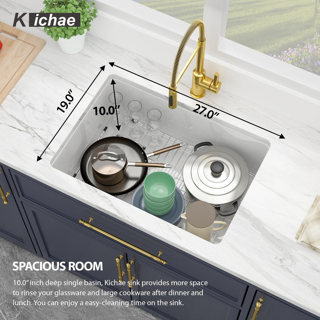 27 Inch White Undermount Sink Fireclay 27x19 Inch Dual Drop in & Undermount Single Bowl Deep Porcelain Ceramic