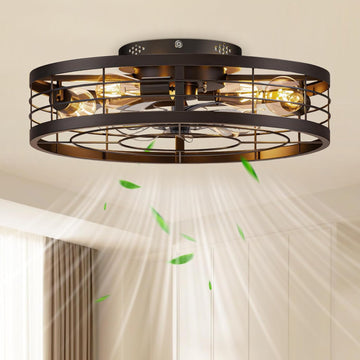 19.7'' Caged Ceiling Fan with Light and Remote,Rustic Low Profile Ceiling Fan with Light Flush Mount, Farmhouse
