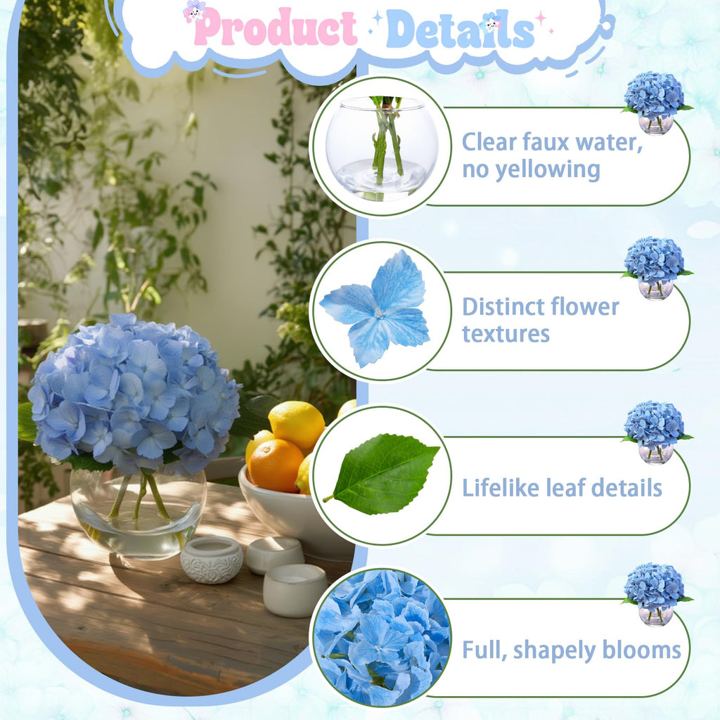 Blue Artificial in Glass Vase with Faux Water, 3 Stems Lifelike Fake Floral Arrangement, UV-Resistant Odorless