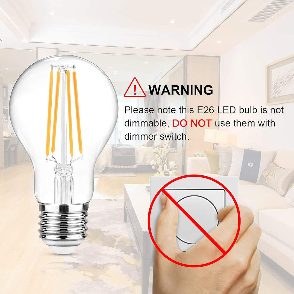60 Watt Equivalent, E26 LED Filament Light Bulbs, Warm White 2700K, Non-Dimmable, Classic Clear Glass, A19 LED Light