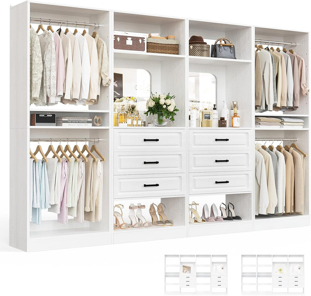100" Wood Closet System with Drawers and Mirror, White | Large walk in wardrobe organizer with hanging rods and