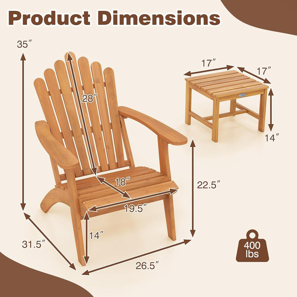 Adirondack Chair Set of 2 with Side Table (3 pcs,Natural) | Outdoor Patio Chairs, Solid Acacia Wood Fire Pit Seating