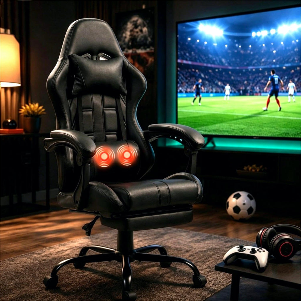 Gaming Chair with Footrest & Massage Lumbar Support, Black