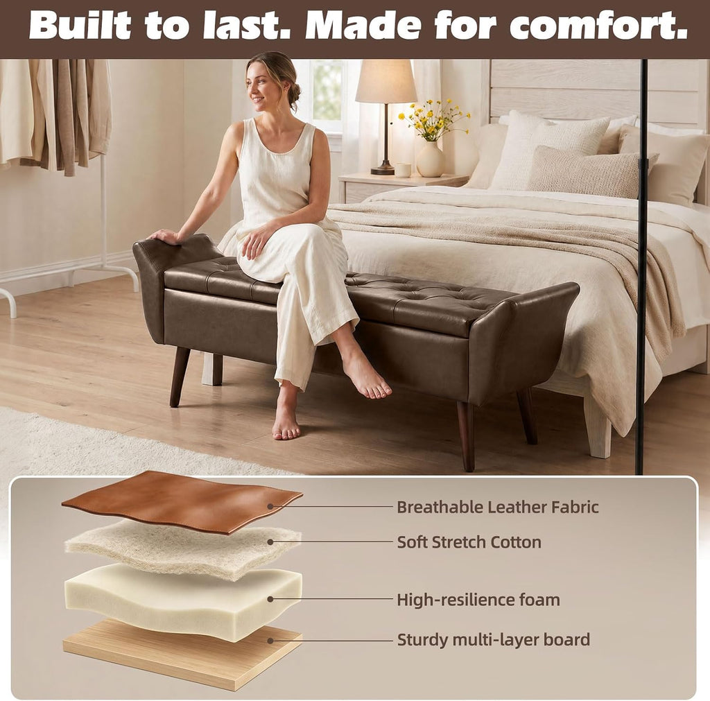 Storage Ottoman Bench 64''Length 65L Faux Leather End of King Bed Bench