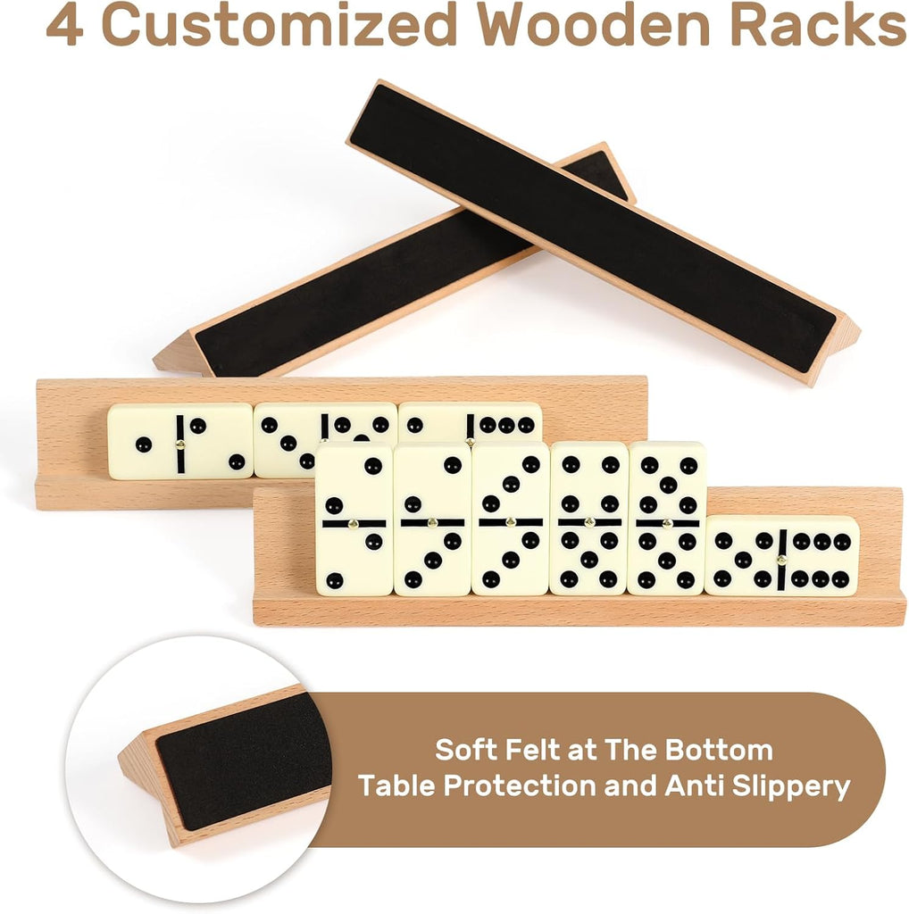 Dominoes Set Adults with 4 Wooden Racks/Trays Double Six Dominoes Travel Set with Portable Case Double 6 Dominoes Set