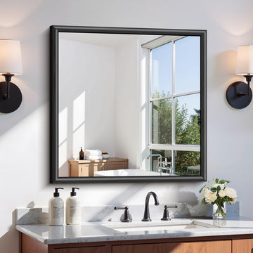 30x30 Square Black Mirror, Raised Metal Framed Bathroom Mirrors for Over Sink, Shatterproof Tempered Glass