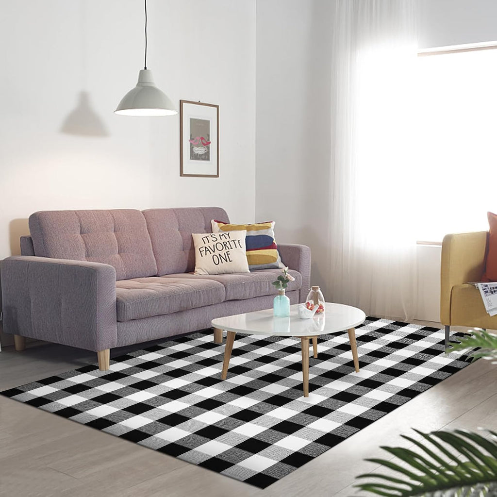 Buffalo Plaid Rug Black and White Checkered Area Rug Cotton Hand-Woven Indoor Outdoor Rugs Carpet