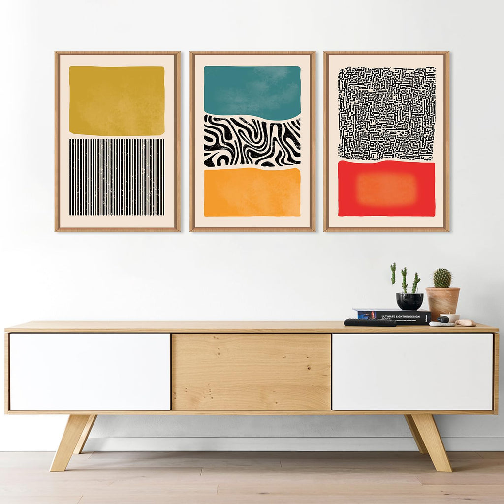 Large Mid Century Modern Wall Art Framed 16x24, Boho Abstract 3 Piece Canvas Decor, Mcm Vintage Bohemian Color Block