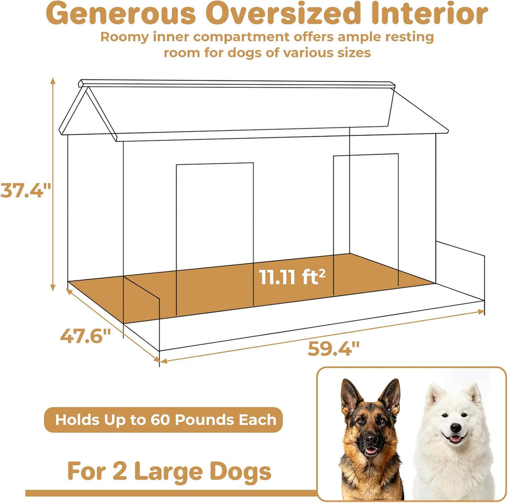 Dog House Outdoor Double Room Cedar Wood with Porch for 2 Dogs