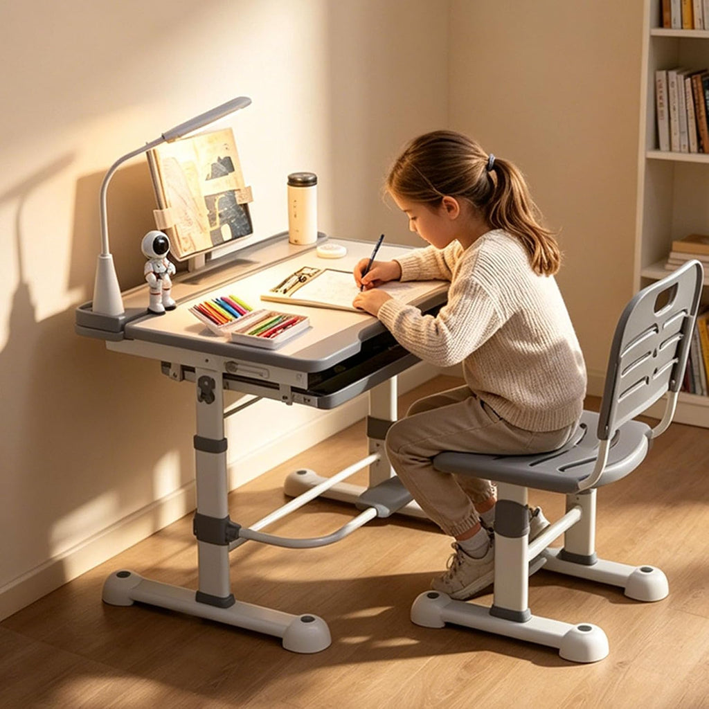 Adjustable Kids Study Desk and Chair Set, 55 Inch Tilt Tabletop