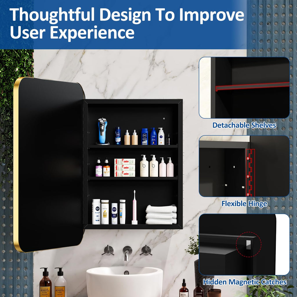 24x30 Inch Bathroom Medicine Cabinet with Mirror Gold Metal Framed Recessed or Surface Wall Mounted Mirrored Medicine