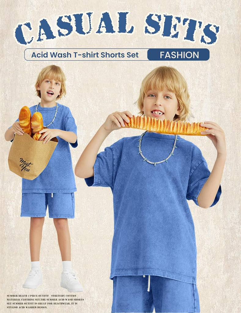 Boys Summer Outfits Acid Wash Short Sets 2 Piece Matching Clothes Set