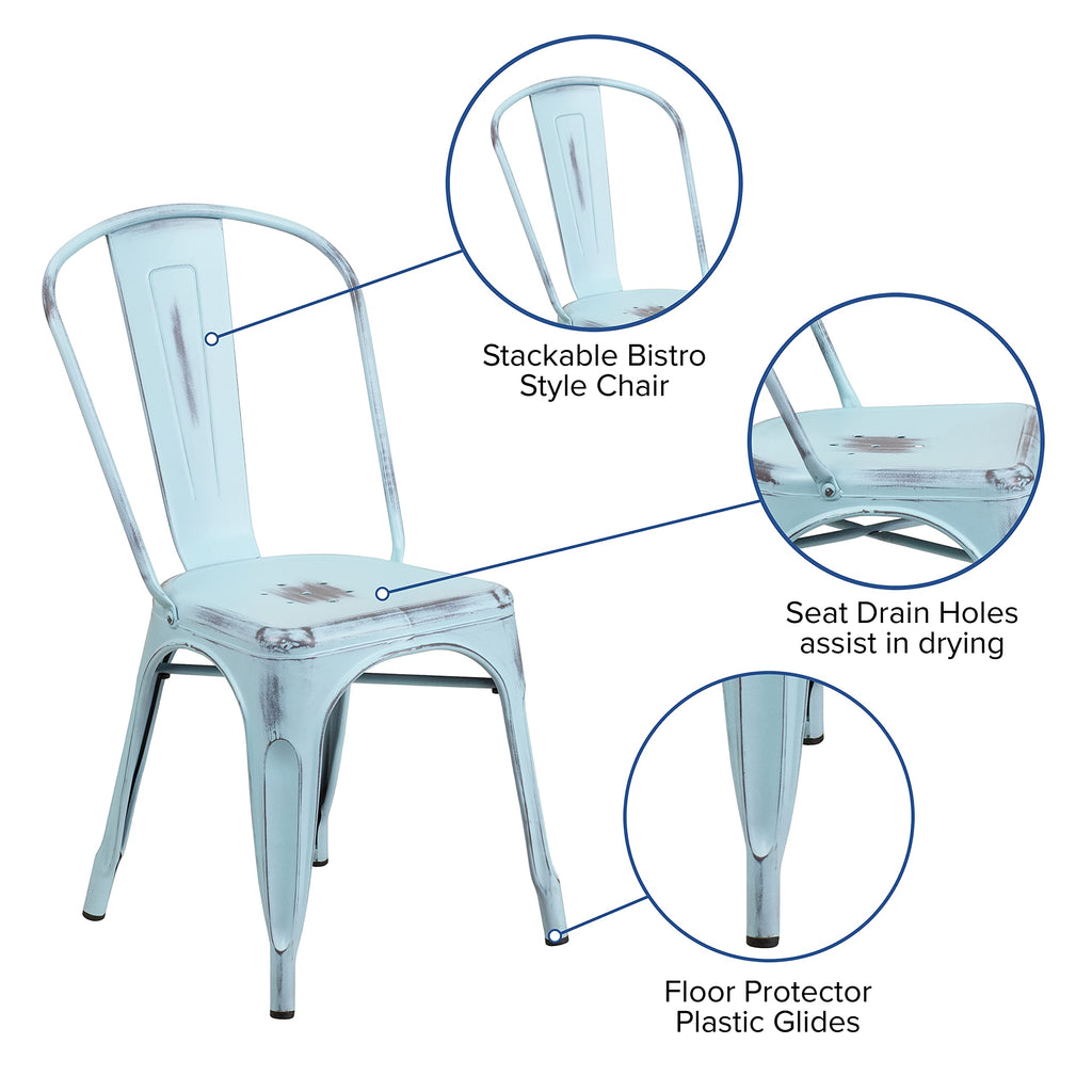 Distressed Green-Blue Metal Indoor/Outdoor Stackable Chair