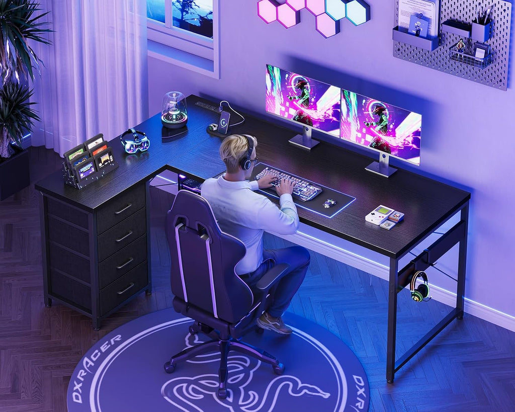 61" L Shaped Gaming Desk with 4 Drawers and Power Outlets, Black | USB Ports, PC Tower Stand, Hooks, Reversible